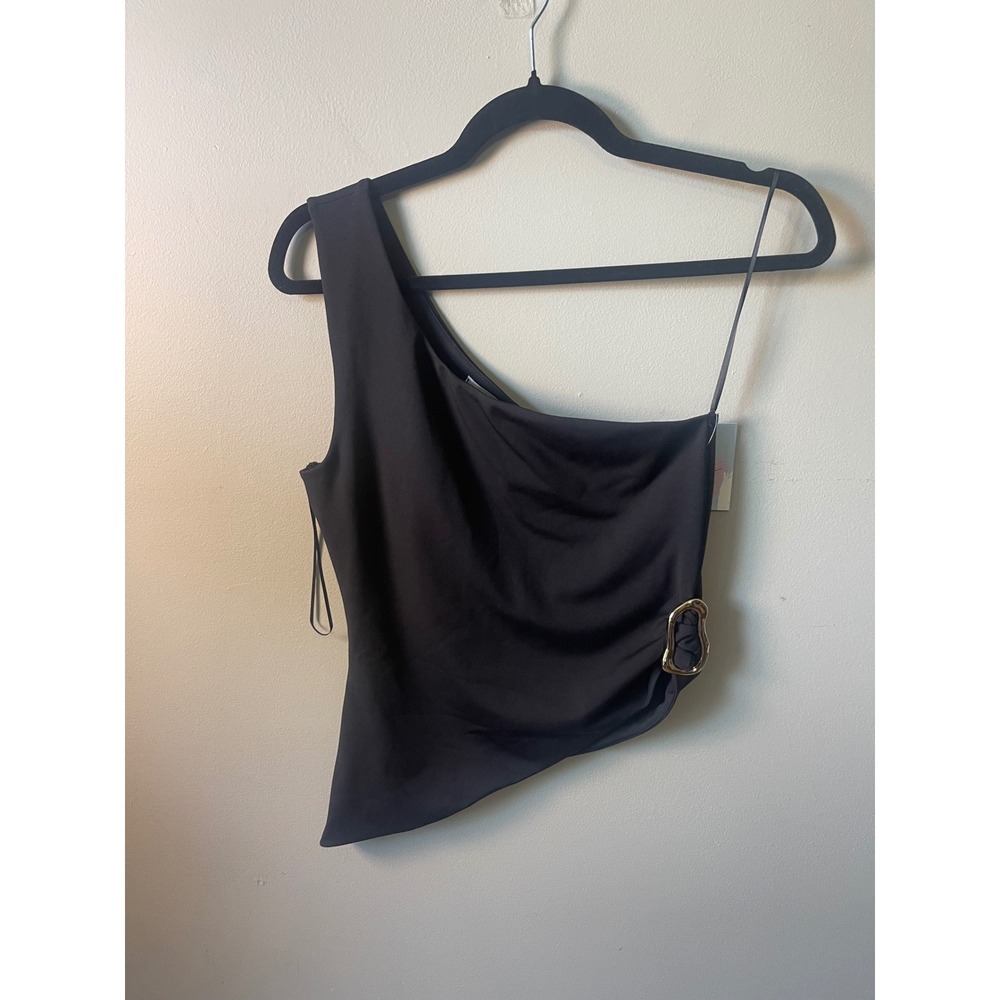 Gaze Womens One Shoulder Asymmetrical Hem Buckle Detail Top Black Size Small